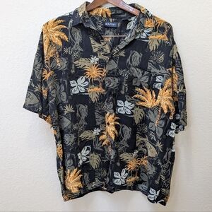 Vintage Hawaiian Gold Palm Trees Floral + Leaf Design Vacation Shirt. Size XL